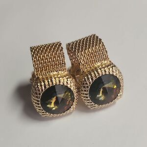 Rivoli Rhinestone Cufflinks Smokey Brown Gold Tone Chain Wrap Modernist VTG